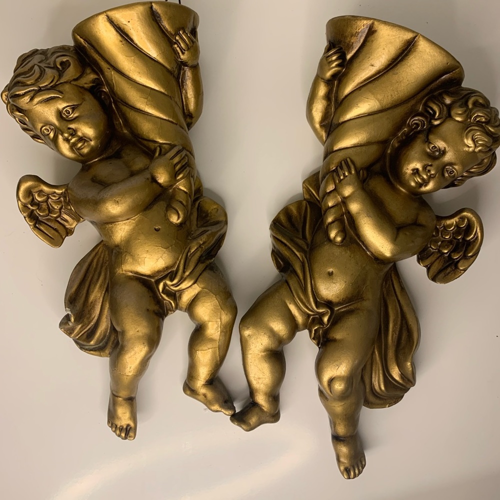 Pair of Vintage Wall Hanging Cherub Babies Indoor Use